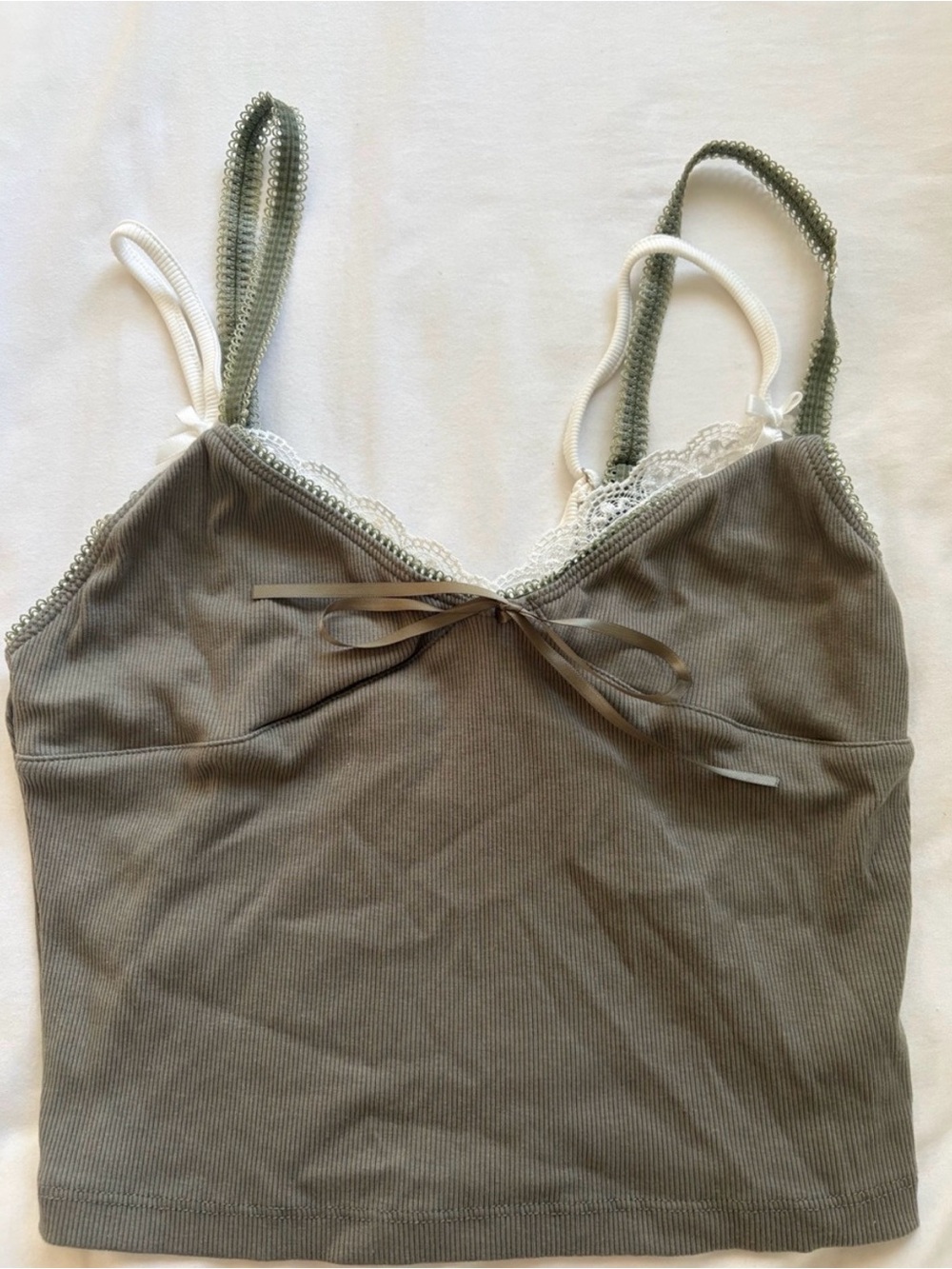 Twisted Olive Ribbed Lace-Trim Camisole with White Accents